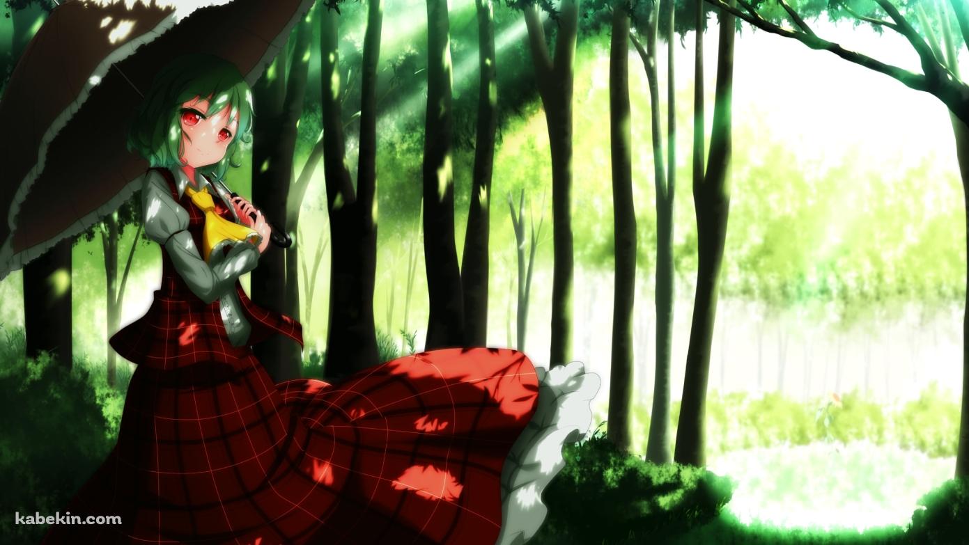 森の中で日傘をさす赤いチェックの服を着た風見幽香 / 東方の壁紙(1391px x 783px) 高画質 PC・デスクトップ用
