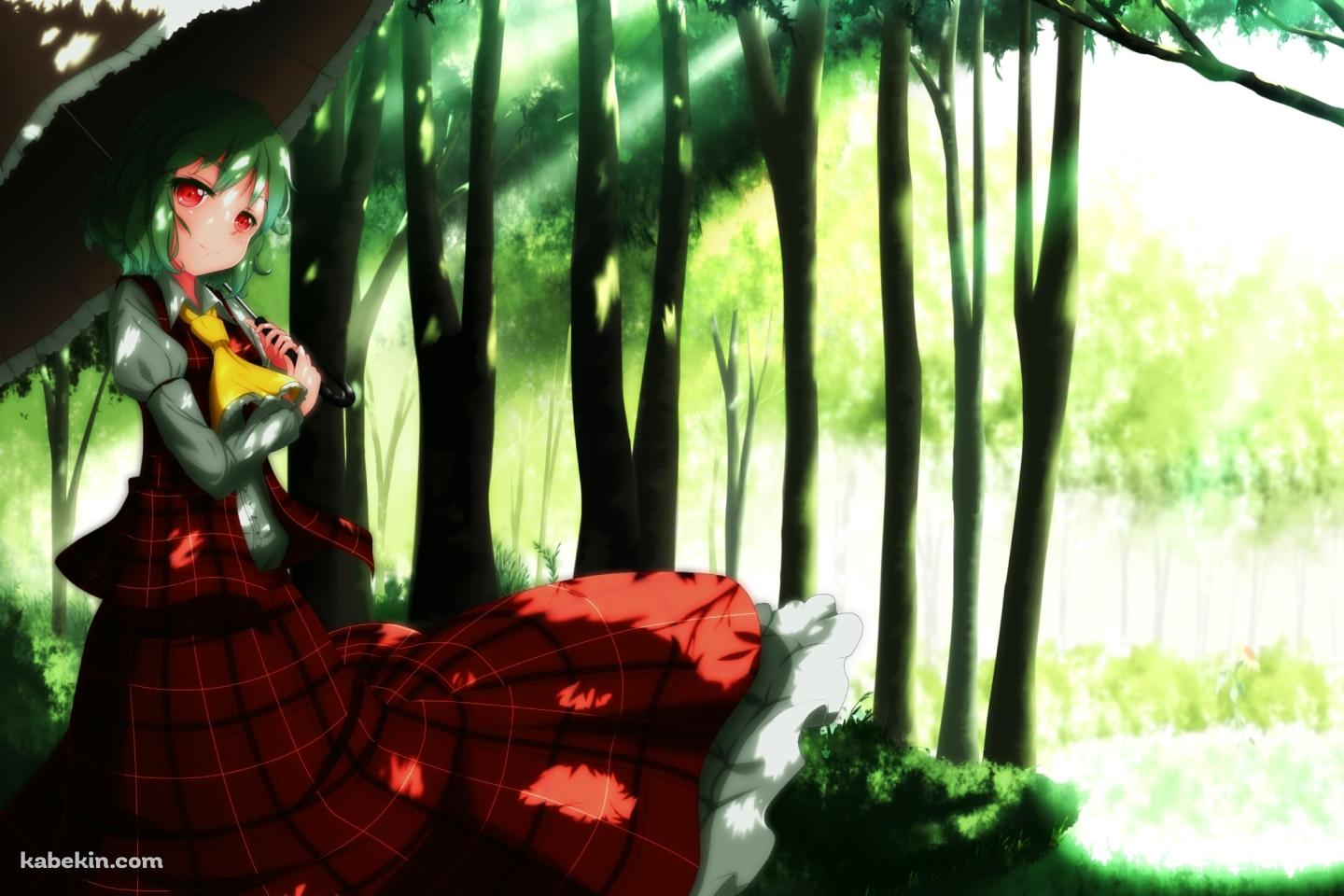 森の中で日傘をさす赤いチェックの服を着た風見幽香 / 東方の壁紙(1440px x 960px) 高画質 PC・デスクトップ用