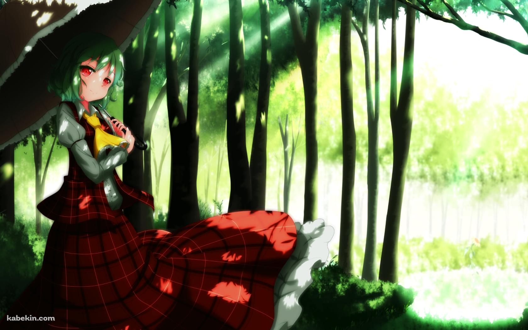 森の中で日傘をさす赤いチェックの服を着た風見幽香 / 東方の壁紙(1680px x 1050px) 高画質 PC・デスクトップ用