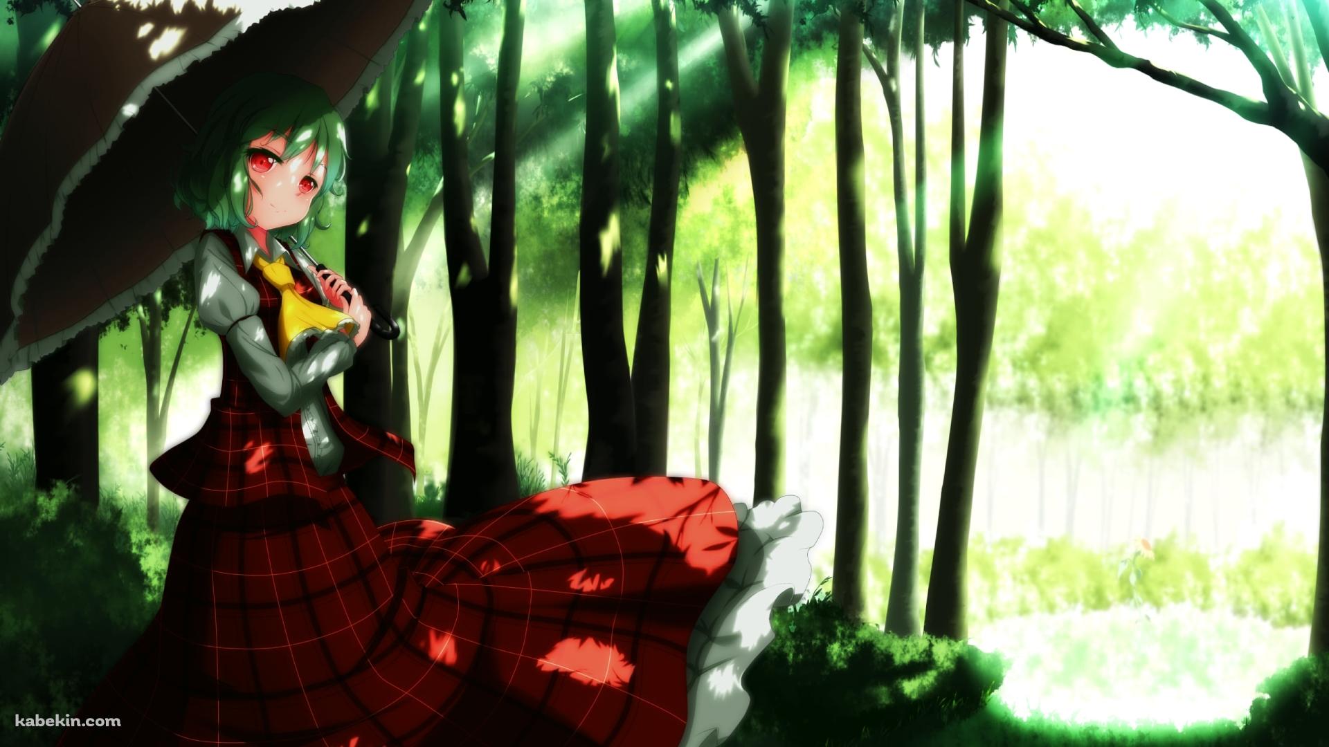 森の中で日傘をさす赤いチェックの服を着た風見幽香 / 東方の壁紙(1920px x 1080px) 高画質 PC・デスクトップ用