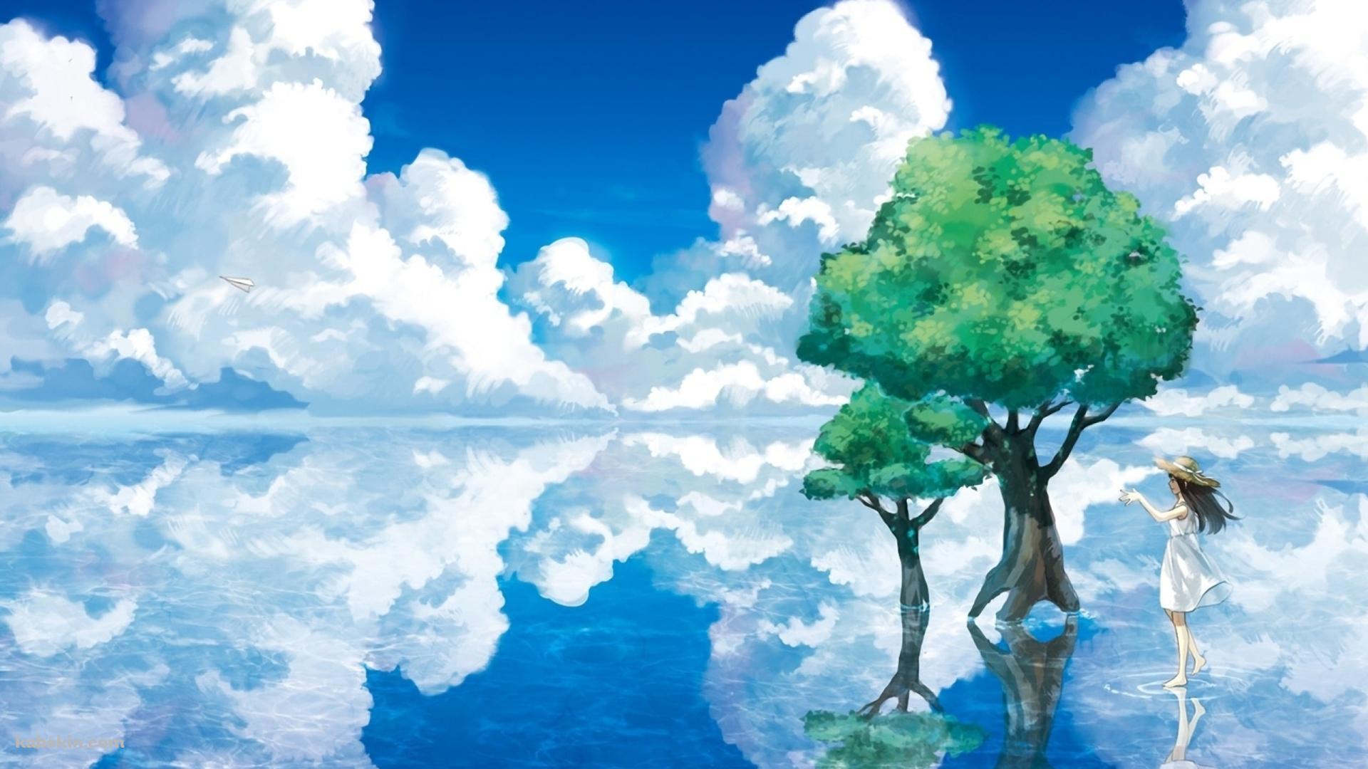 湖の上に立つ少女 / 水面に反射する空と緑の大木の壁紙(1920px x 1080px) 高画質 PC・デスクトップ用