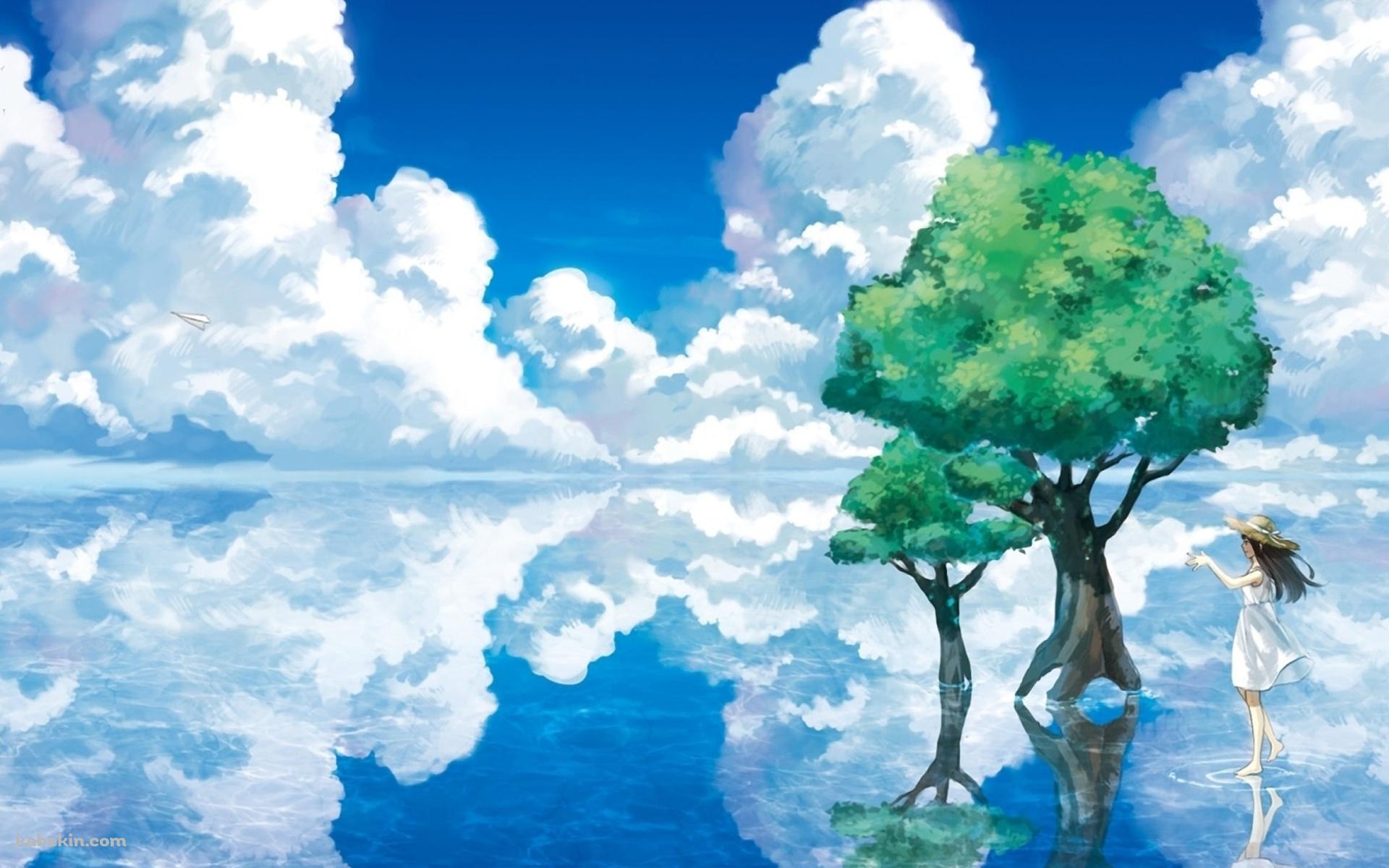 湖の上に立つ少女 / 水面に反射する空と緑の大木の壁紙(1920px x 1200px) 高画質 PC・デスクトップ用