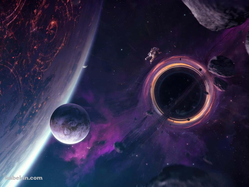 複数の紫の惑星 / ブラックホール / 浮遊する宇宙飛行士 / 綺麗の壁紙(1024px x 768px) 高画質 PC・デスクトップ用