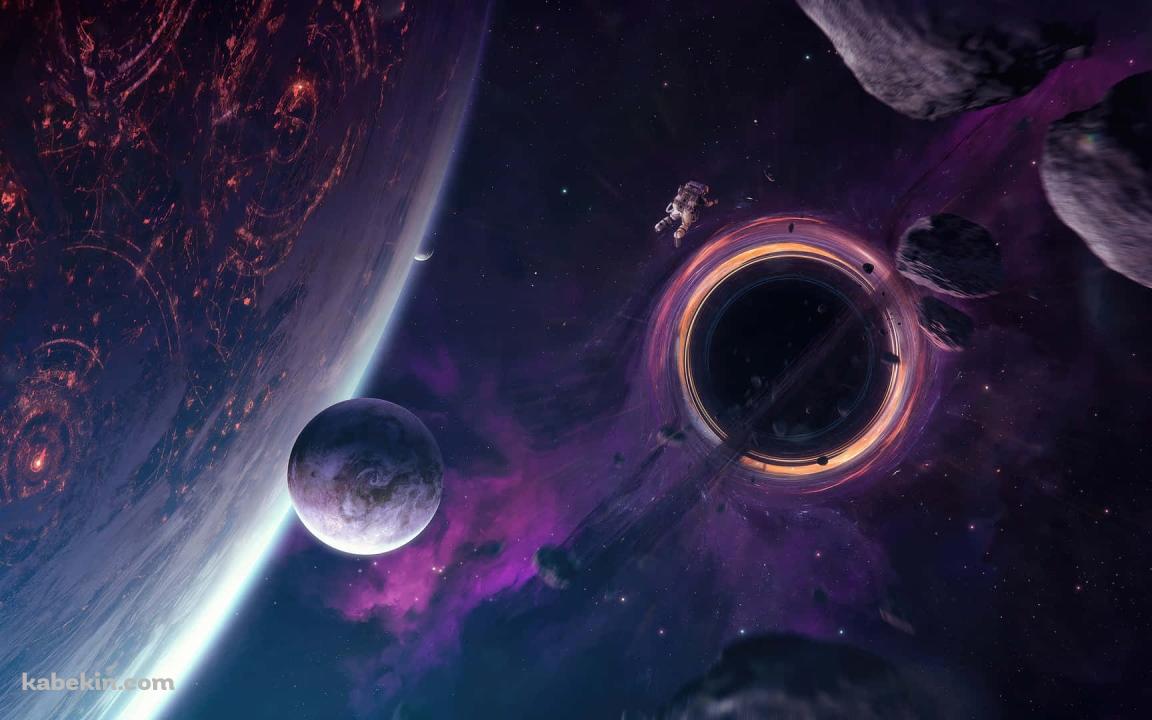 複数の紫の惑星 / ブラックホール / 浮遊する宇宙飛行士 / 綺麗の壁紙(1152px x 720px) 高画質 PC・デスクトップ用