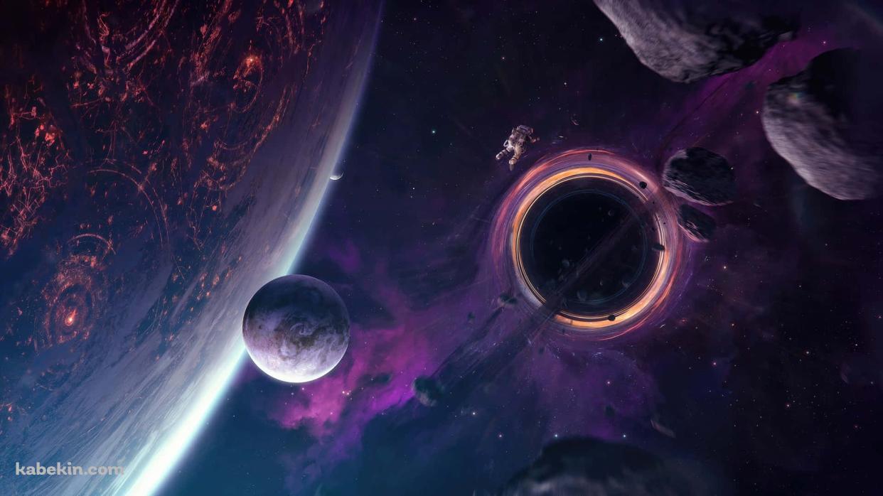 複数の紫の惑星 / ブラックホール / 浮遊する宇宙飛行士 / 綺麗の壁紙(1242px x 698px) 高画質 PC・デスクトップ用