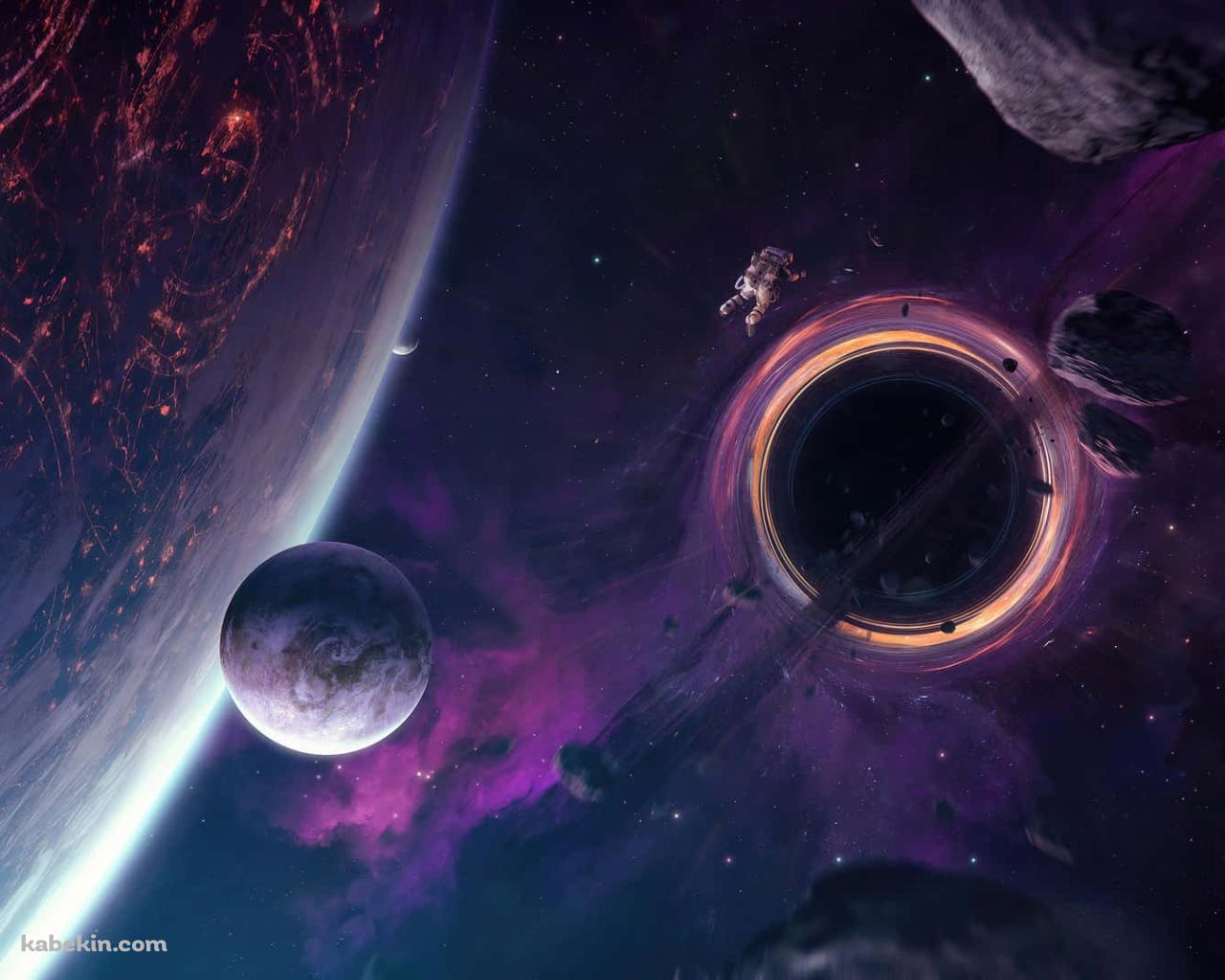 複数の紫の惑星 / ブラックホール / 浮遊する宇宙飛行士 / 綺麗の壁紙(1280px x 1024px) 高画質 PC・デスクトップ用