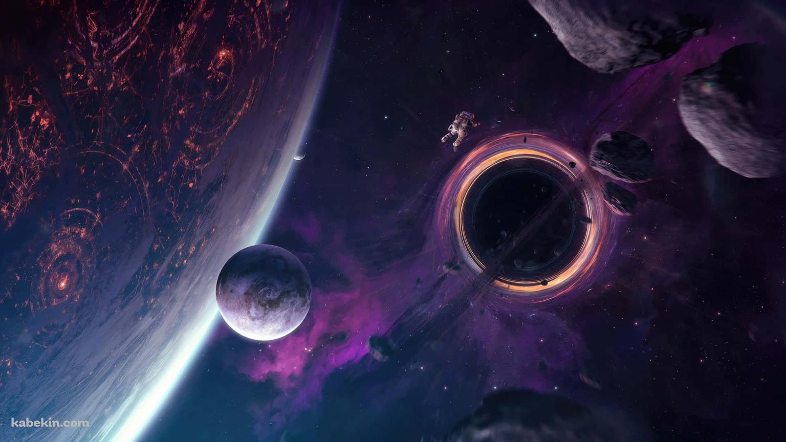 複数の紫の惑星 / ブラックホール / 浮遊する宇宙飛行士 / 綺麗の壁紙(1536px x 864px) 高画質 PC・デスクトップ用