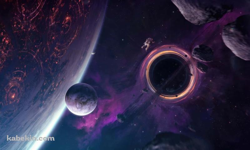複数の紫の惑星 / ブラックホール / 浮遊する宇宙飛行士 / 綺麗の壁紙(800px x 480px) 高画質 PC・デスクトップ用