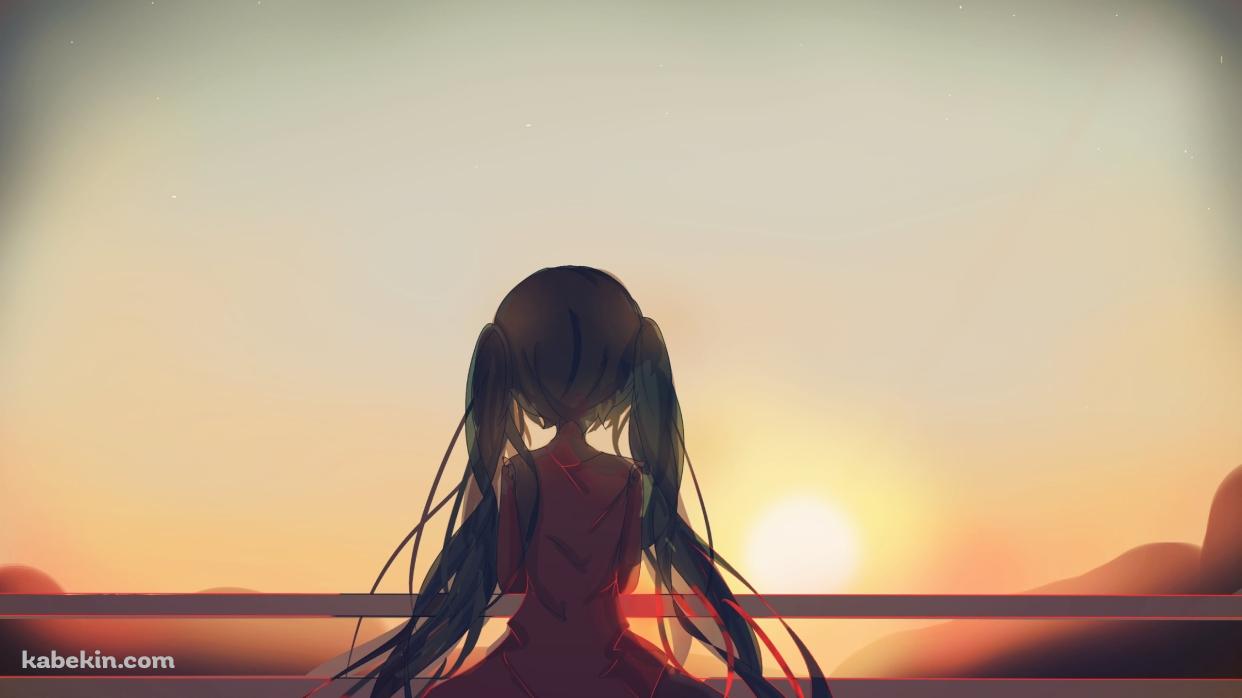 柵越しに夕陽を眺める初音ミクの後ろ姿 / ボカロの壁紙(1242px x 698px) 高画質 PC・デスクトップ用