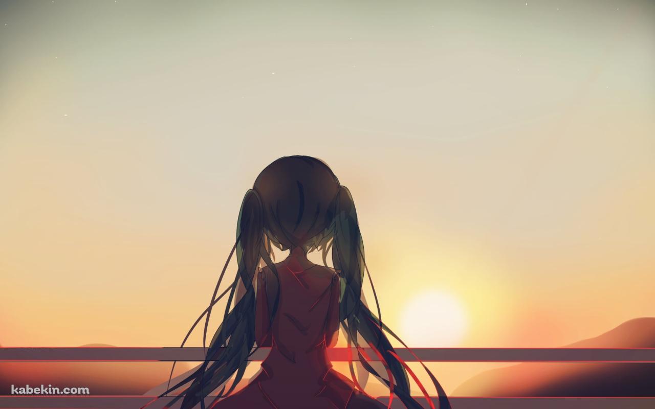 柵越しに夕陽を眺める初音ミクの後ろ姿 / ボカロの壁紙(1280px x 800px) 高画質 PC・デスクトップ用