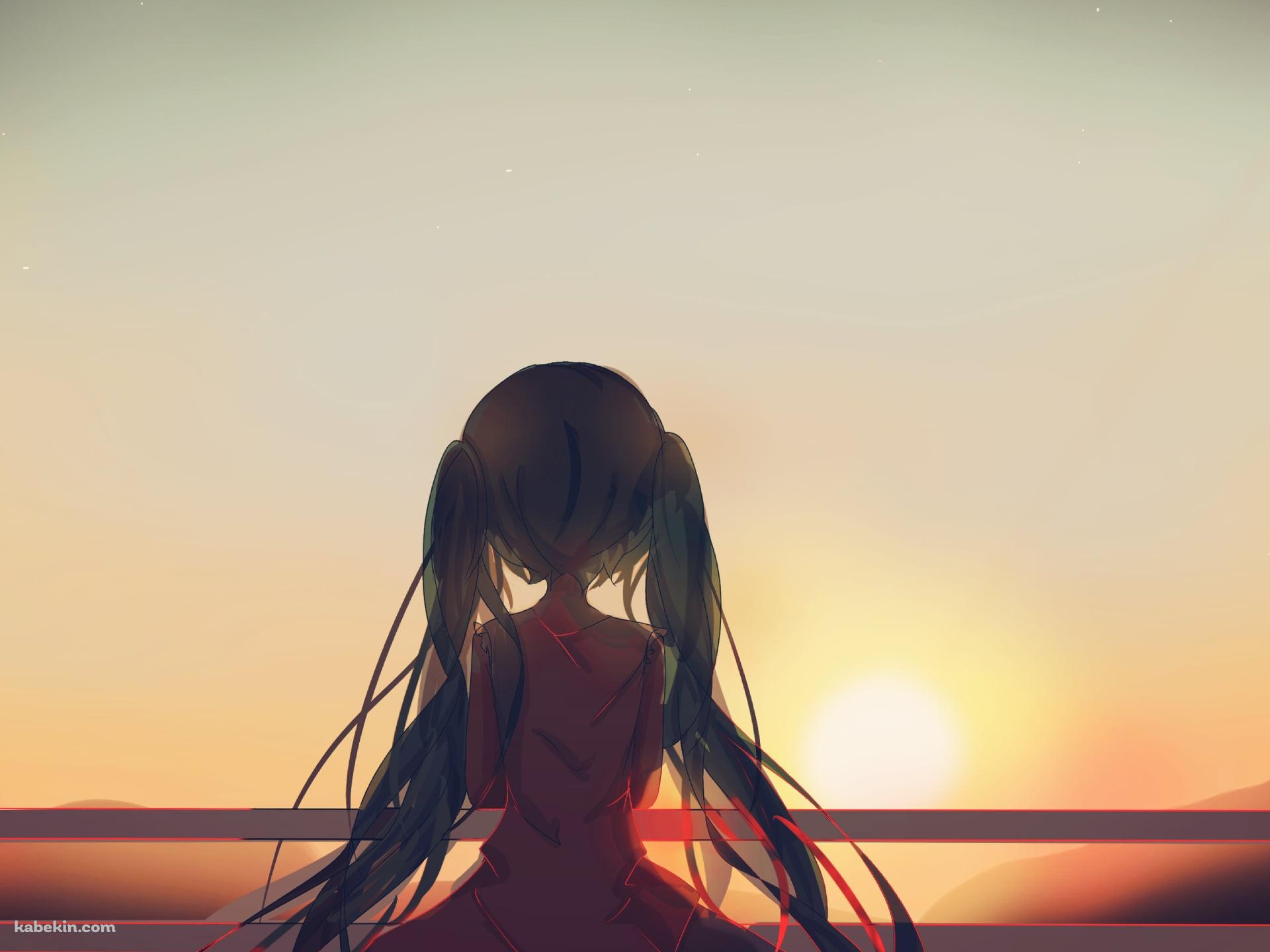 柵越しに夕陽を眺める初音ミクの後ろ姿 / ボカロの壁紙(1920px x 1440px) 高画質 PC・デスクトップ用