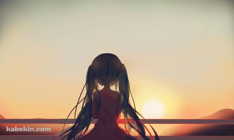 柵越しに夕陽を眺める初音ミクの後ろ姿 / ボカロの壁紙(800px x 480px) 高画質 PC・デスクトップ用