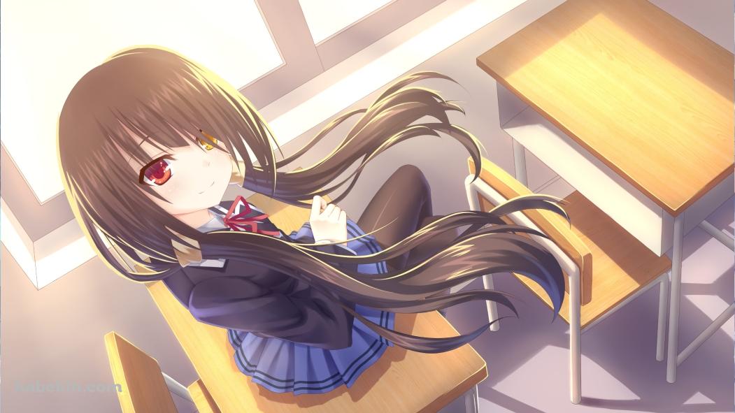 学校の机の上に座る時崎狂三 / デート・ア・ライブの壁紙(1051px x 591px) 高画質 PC・デスクトップ用