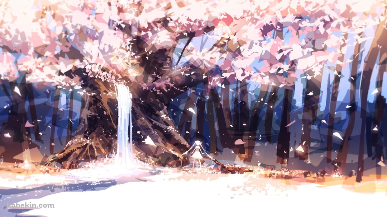 水が流れる桜の木を眺める初音ミク / ボカロの壁紙(1242px x 698px) 高画質 PC・デスクトップ用