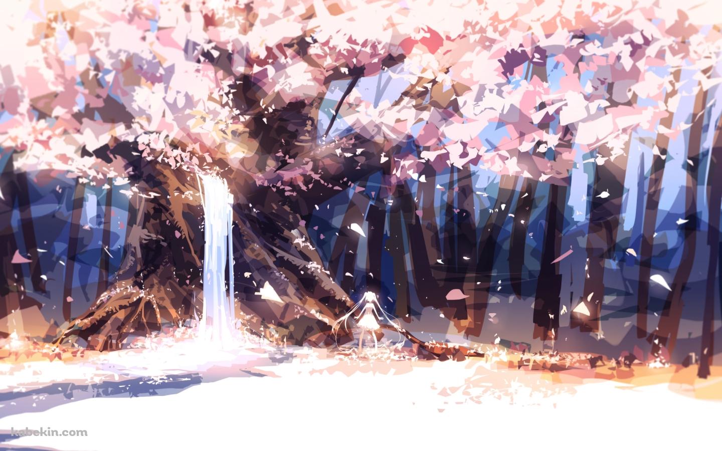 水が流れる桜の木を眺める初音ミク / ボカロの壁紙(1440px x 900px) 高画質 PC・デスクトップ用