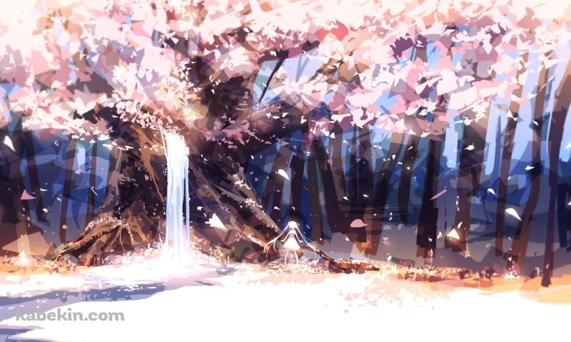 水が流れる桜の木を眺める初音ミク / ボカロの壁紙(800px x 480px) 高画質 PC・デスクトップ用