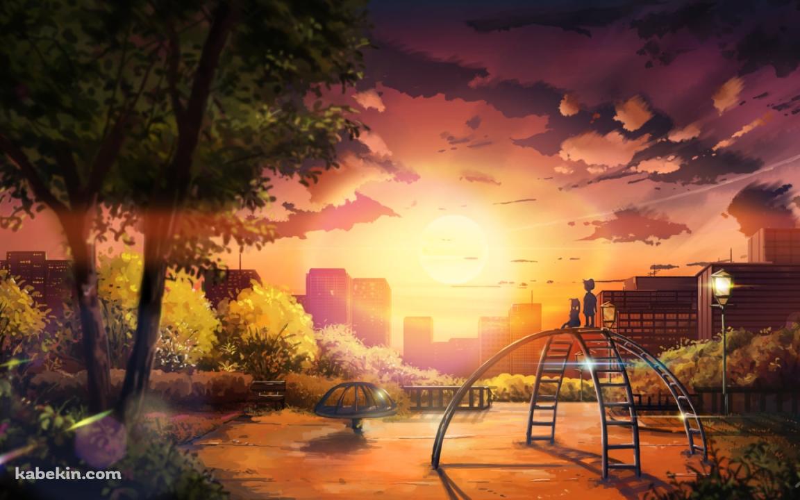 公園の遊具の上に立ち夕陽を眺める子供の壁紙(1152px x 720px) 高画質 PC・デスクトップ用