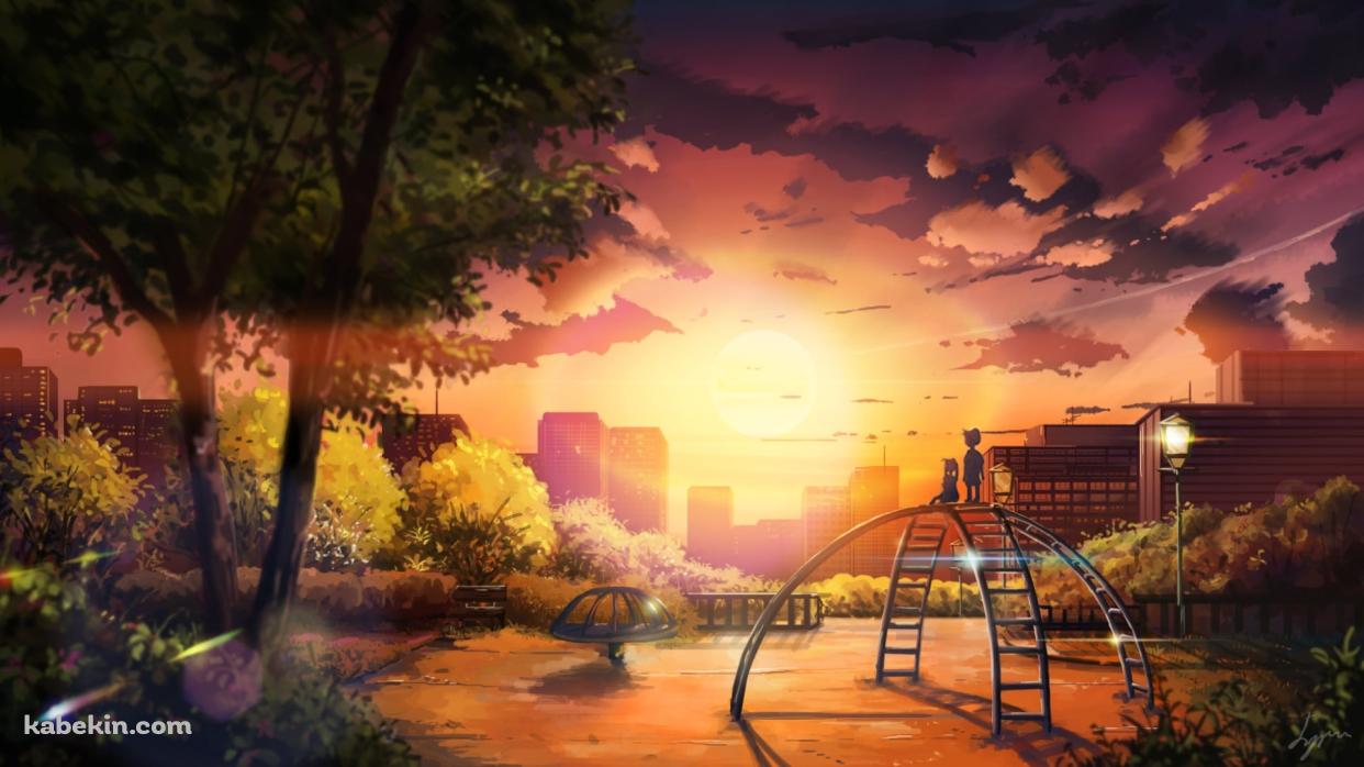 公園の遊具の上に立ち夕陽を眺める子供の壁紙(1242px x 698px) 高画質 PC・デスクトップ用