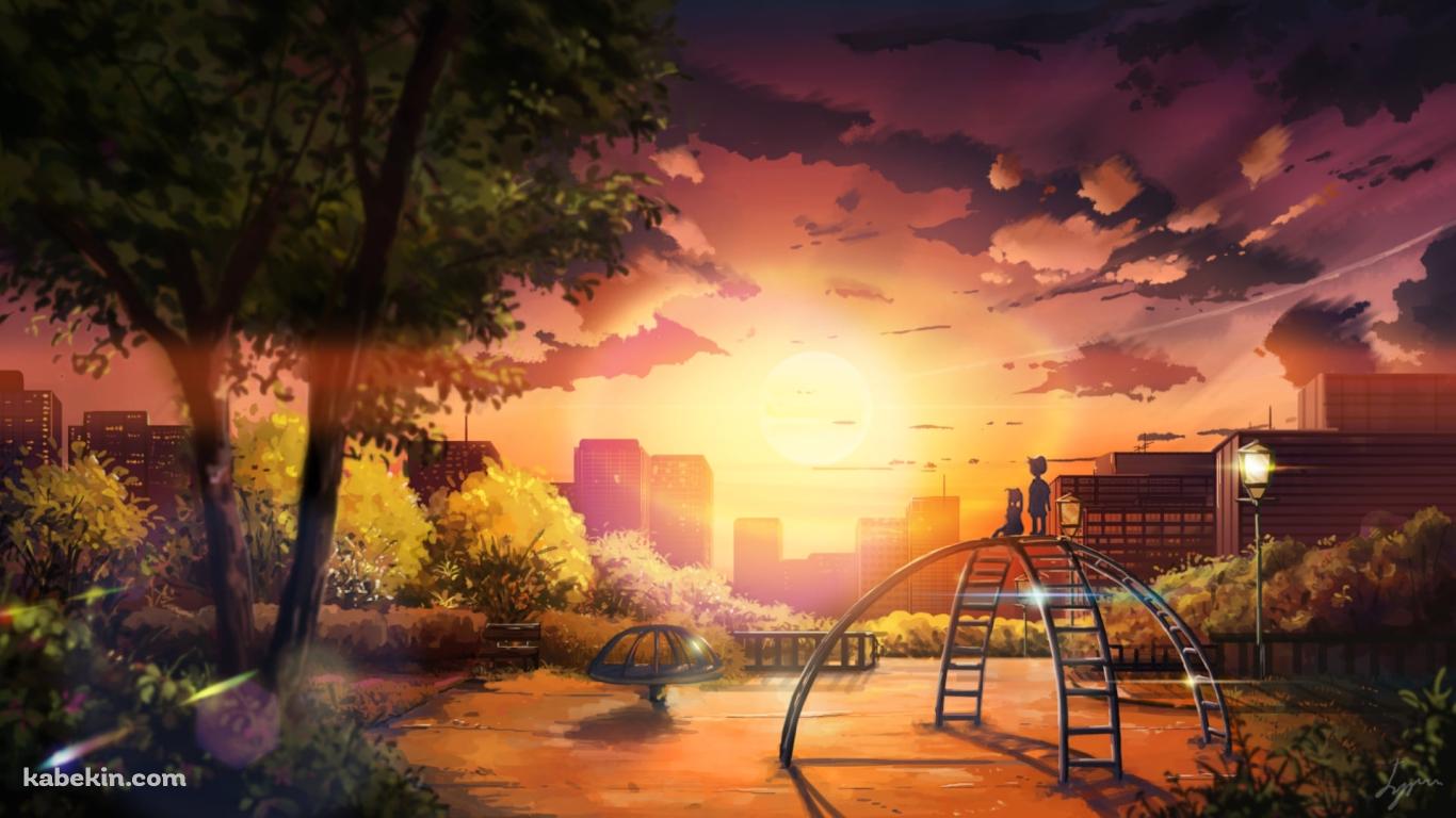 公園の遊具の上に立ち夕陽を眺める子供の壁紙(1366px x 768px) 高画質 PC・デスクトップ用