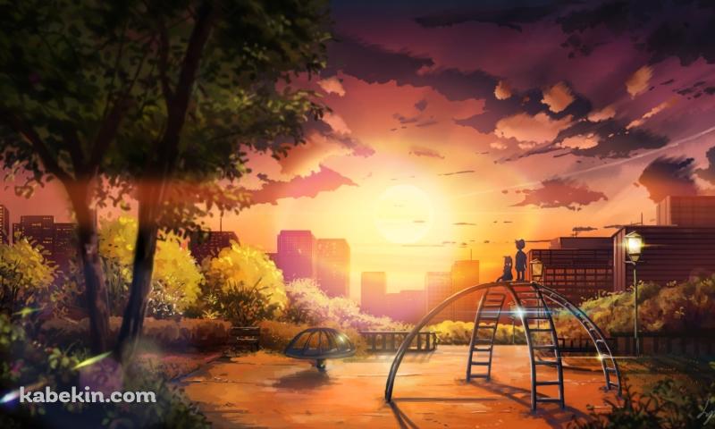 公園の遊具の上に立ち夕陽を眺める子供の壁紙(800px x 480px) 高画質 PC・デスクトップ用