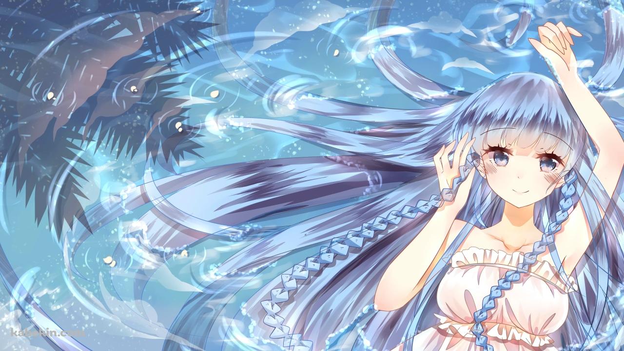 水に浸かる青い髪の少女の壁紙(1280px x 720px) 高画質 PC・デスクトップ用