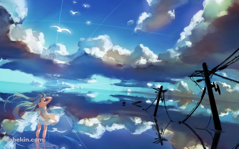 浸水した世界を眺める初音ミク / 壊れた電柱 / ボカロの壁紙(960px x 600px) 高画質 PC・デスクトップ用