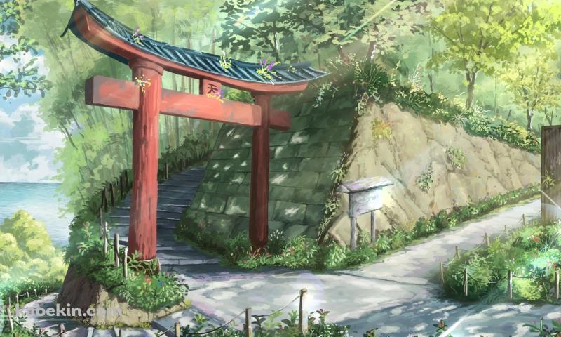 石垣と赤い鳥居 / 海へ続く階段の壁紙(800px x 480px) 高画質 PC・デスクトップ用
