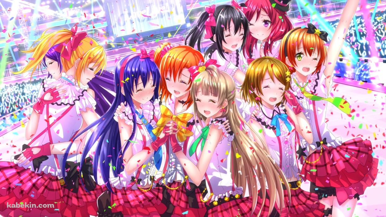 ステージ上で喜ぶ西木野真姫、矢澤にこ、東條希、南ことり、絢瀬絵里、園田海未、高坂穂乃果、星空凛、小泉花陽 / ラブライブ!の壁紙(1242px x 698px) 高画質 PC・デスクトップ用