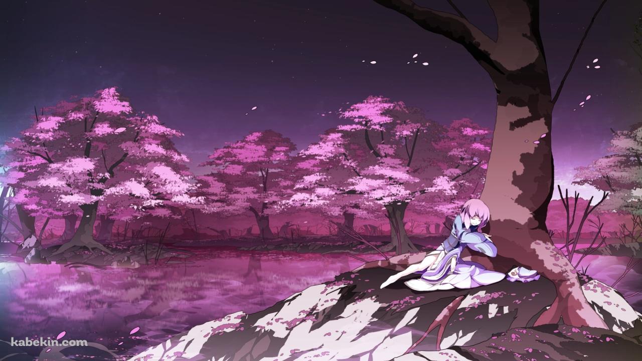 桜の木の下で寝る西行寺幽々子 / 東方の壁紙(1280px x 720px) 高画質 PC・デスクトップ用