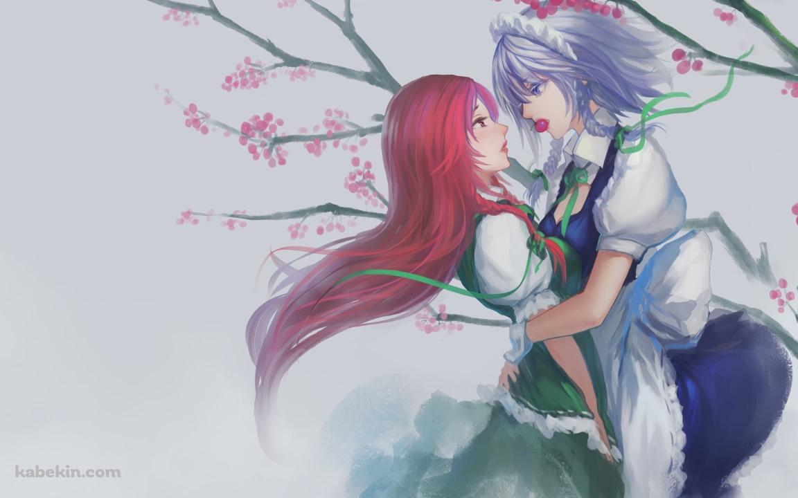 梅の花をくわえた十六夜咲夜 / 東方の壁紙(1152px x 720px) 高画質 PC・デスクトップ用