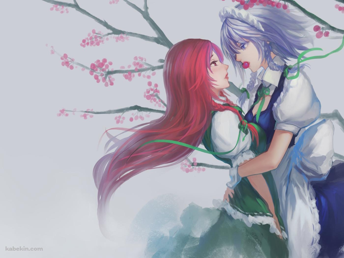 梅の花をくわえた十六夜咲夜 / 東方の壁紙(1400px x 1050px) 高画質 PC・デスクトップ用