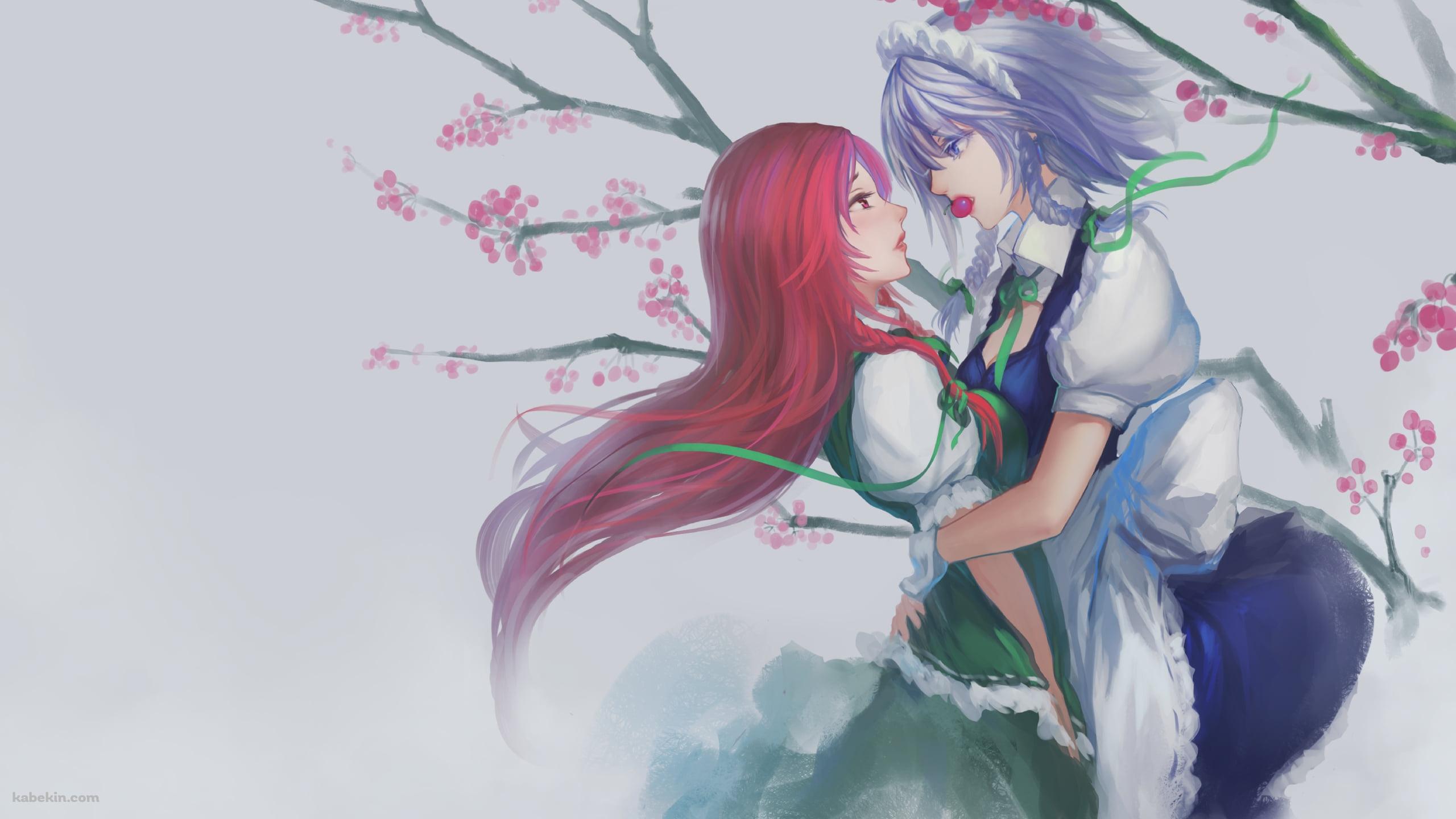 梅の花をくわえた十六夜咲夜 / 東方の壁紙(2560px x 1440px) 高画質 PC・デスクトップ用