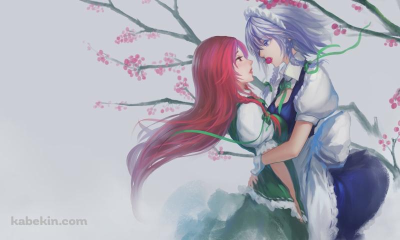 梅の花をくわえた十六夜咲夜 / 東方の壁紙(800px x 480px) 高画質 PC・デスクトップ用