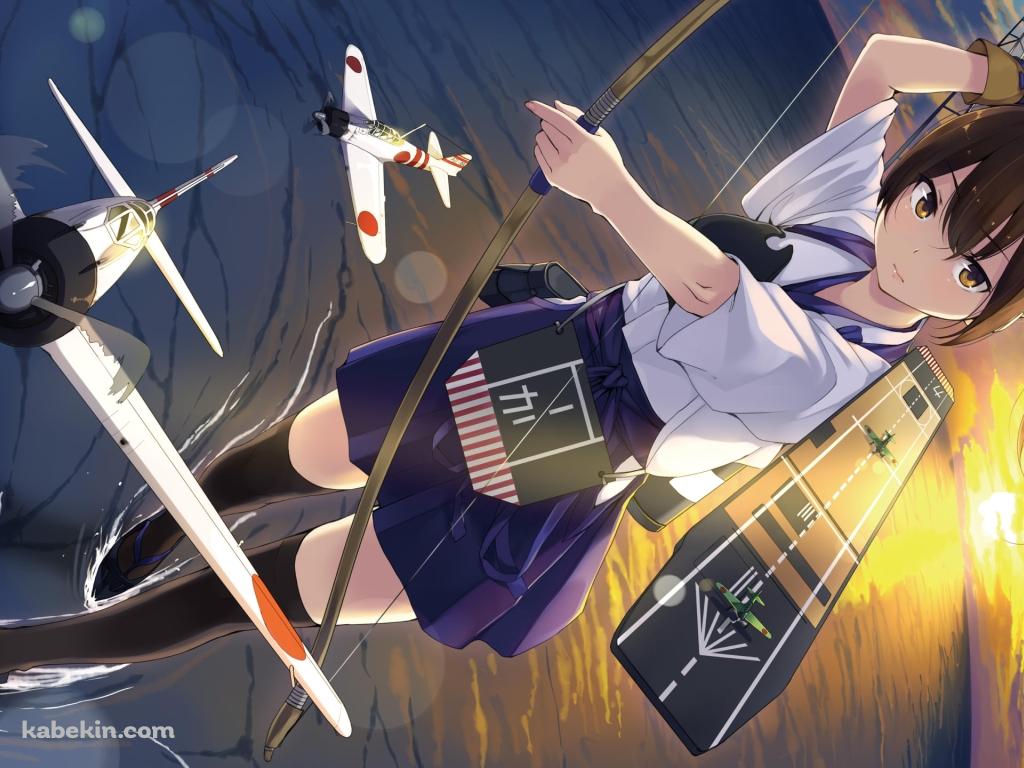 海上で弓を構える加賀 / 零戦 / 艦隊これくしょんの壁紙(1024px x 768px) 高画質 PC・デスクトップ用