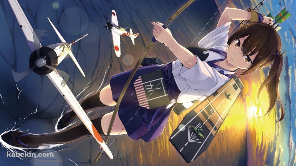 海上で弓を構える加賀 / 零戦 / 艦隊これくしょんの壁紙(960px x 540px) 高画質 PC・デスクトップ用