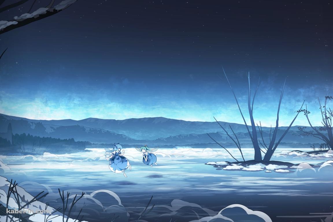冬、湖の上を飛ぶチルノと大妖精 / 東方の壁紙(1152px x 768px) 高画質 PC・デスクトップ用