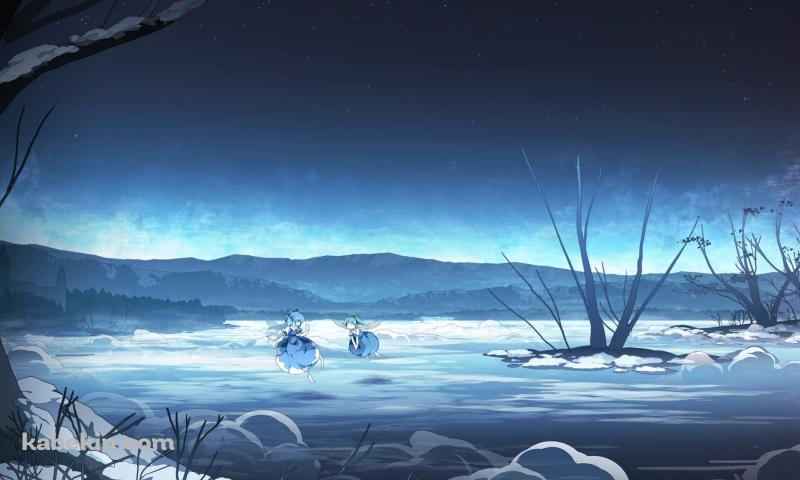 冬、湖の上を飛ぶチルノと大妖精 / 東方の壁紙(800px x 480px) 高画質 PC・デスクトップ用