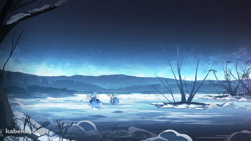 冬、湖の上を飛ぶチルノと大妖精 / 東方の壁紙(960px x 540px) 高画質 PC・デスクトップ用