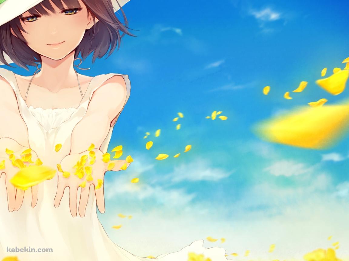黄色い菜の花畑と白い洋服を着た少女の壁紙(1152px x 864px) 高画質 PC・デスクトップ用