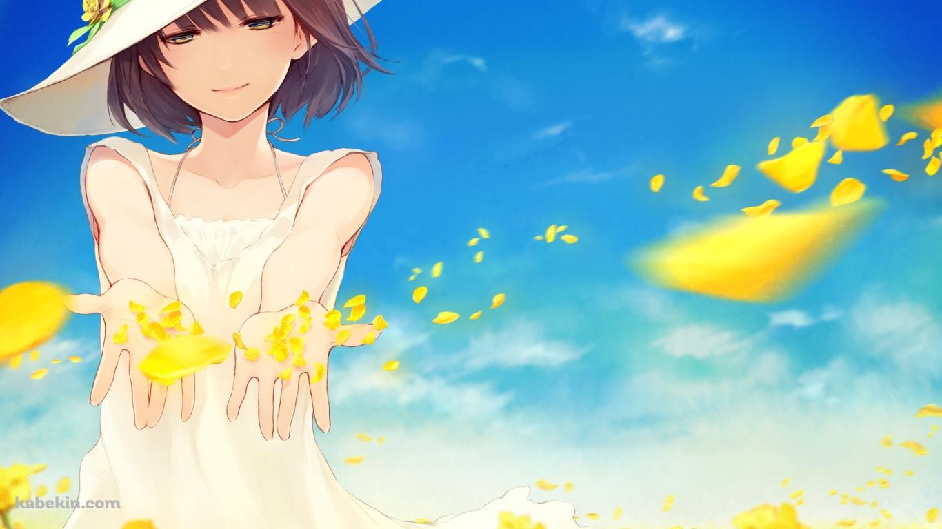 黄色い菜の花畑と白い洋服を着た少女の壁紙(1366px x 768px) 高画質 PC・デスクトップ用