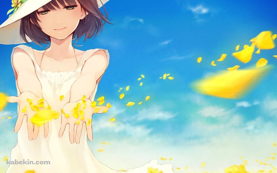黄色い菜の花畑と白い洋服を着た少女の壁紙(960px x 600px) 高画質 PC・デスクトップ用