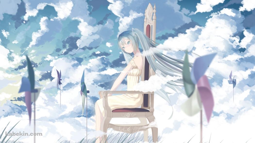 青空の下、椅子に腰かける初音ミク / 無数の風車の壁紙(1051px x 591px) 高画質 PC・デスクトップ用