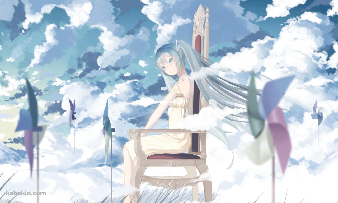 青空の下、椅子に腰かける初音ミク / 無数の風車の壁紙(1280px x 768px) 高画質 PC・デスクトップ用