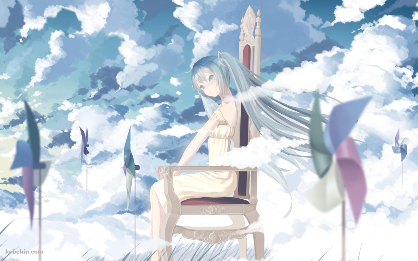 青空の下、椅子に腰かける初音ミク / 無数の風車の壁紙(1680px x 1050px) 高画質 PC・デスクトップ用