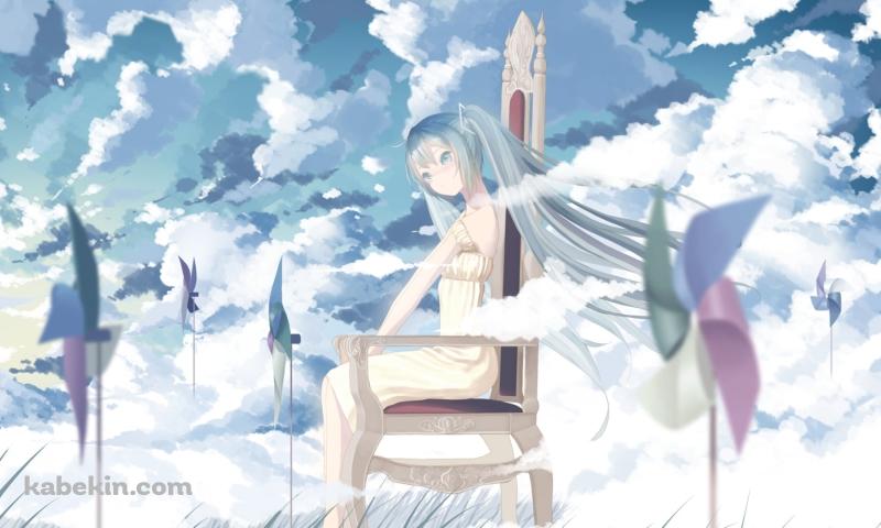青空の下、椅子に腰かける初音ミク / 無数の風車の壁紙(800px x 480px) 高画質 PC・デスクトップ用