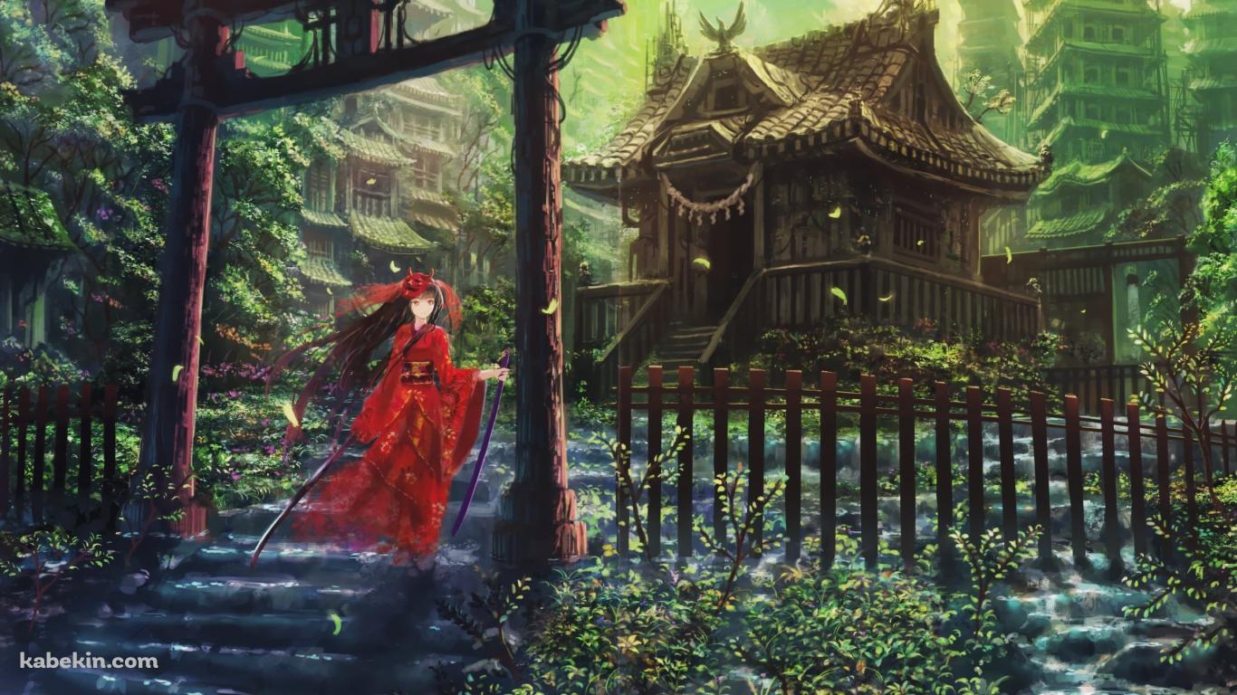 鳥居の下の階段の上に立つ赤い着物を着た女性 / 社の壁紙(1366px x 768px) 高画質 PC・デスクトップ用