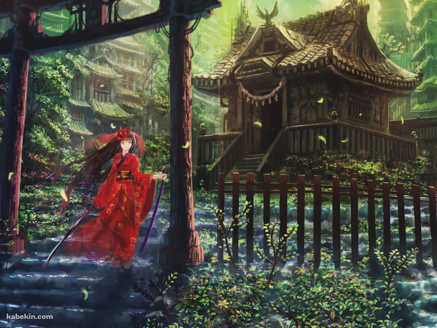鳥居の下の階段の上に立つ赤い着物を着た女性 / 社の壁紙(1440px x 1080px) 高画質 PC・デスクトップ用