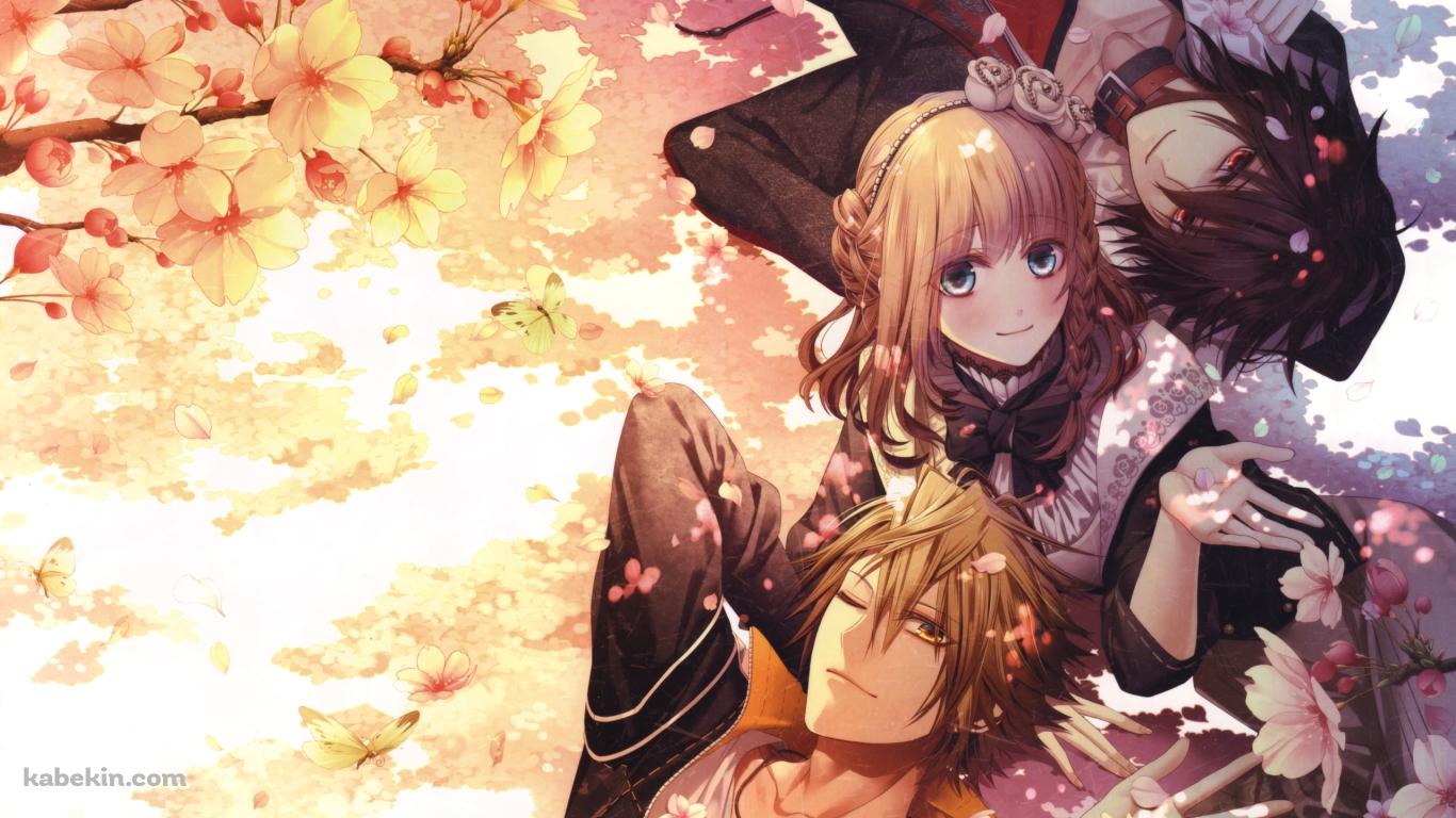 花見をする主人公とシンとトーマ / アムネシア / AMNESIA / 乙女ゲームの壁紙(1366px x 768px) 高画質 PC・デスクトップ用