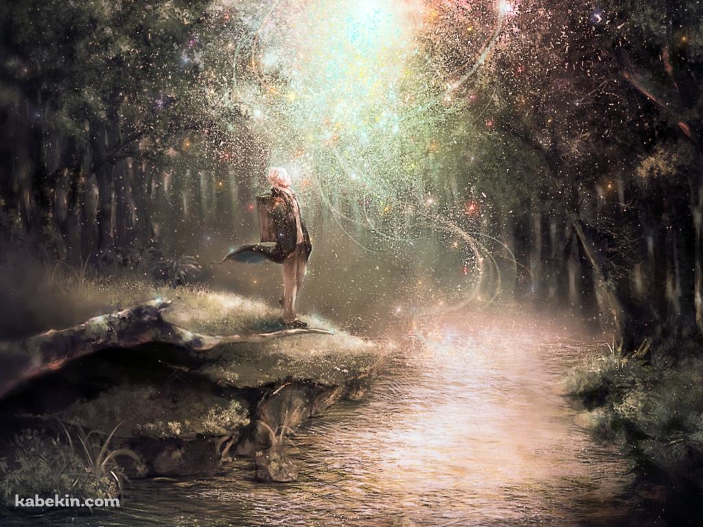 森の中の川の前に佇むギンコ / 蟲師の壁紙(1024px x 768px) 高画質 PC・デスクトップ用