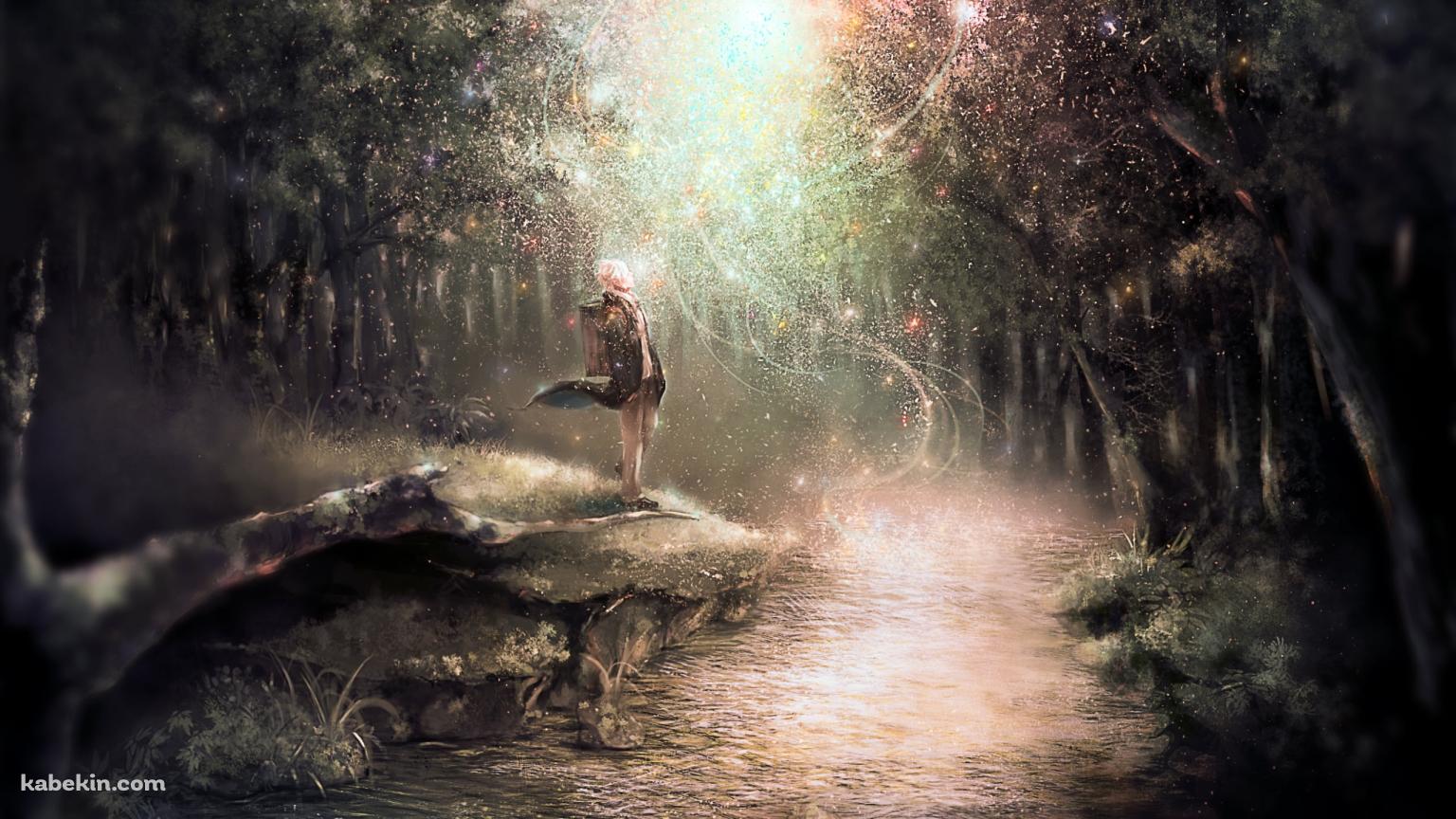 森の中の川の前に佇むギンコ / 蟲師の壁紙(1536px x 864px) 高画質 PC・デスクトップ用